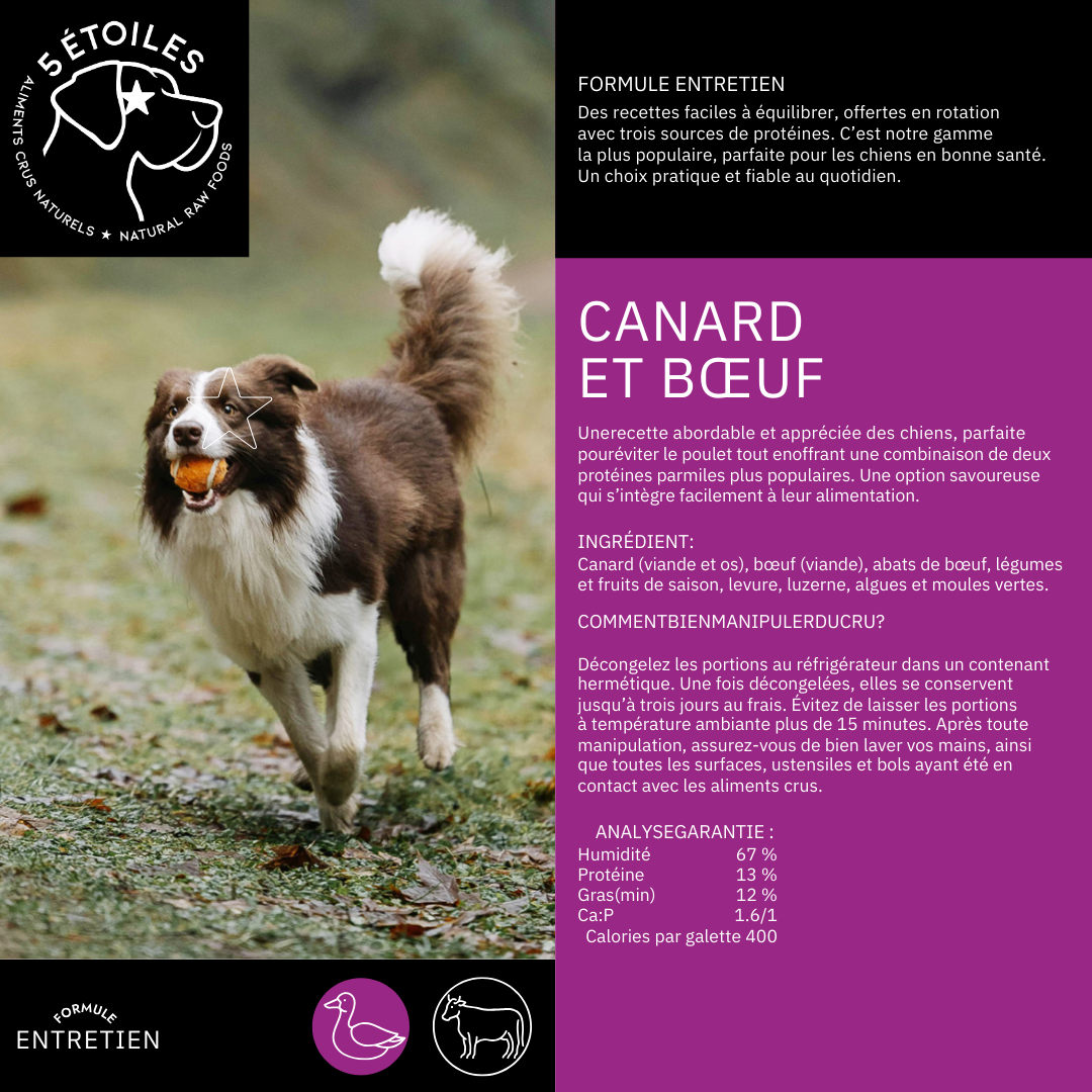 5 ÉTOILES | Entretient Canard et Boeuf 10 lbs - Nourriture crue pour chiens
