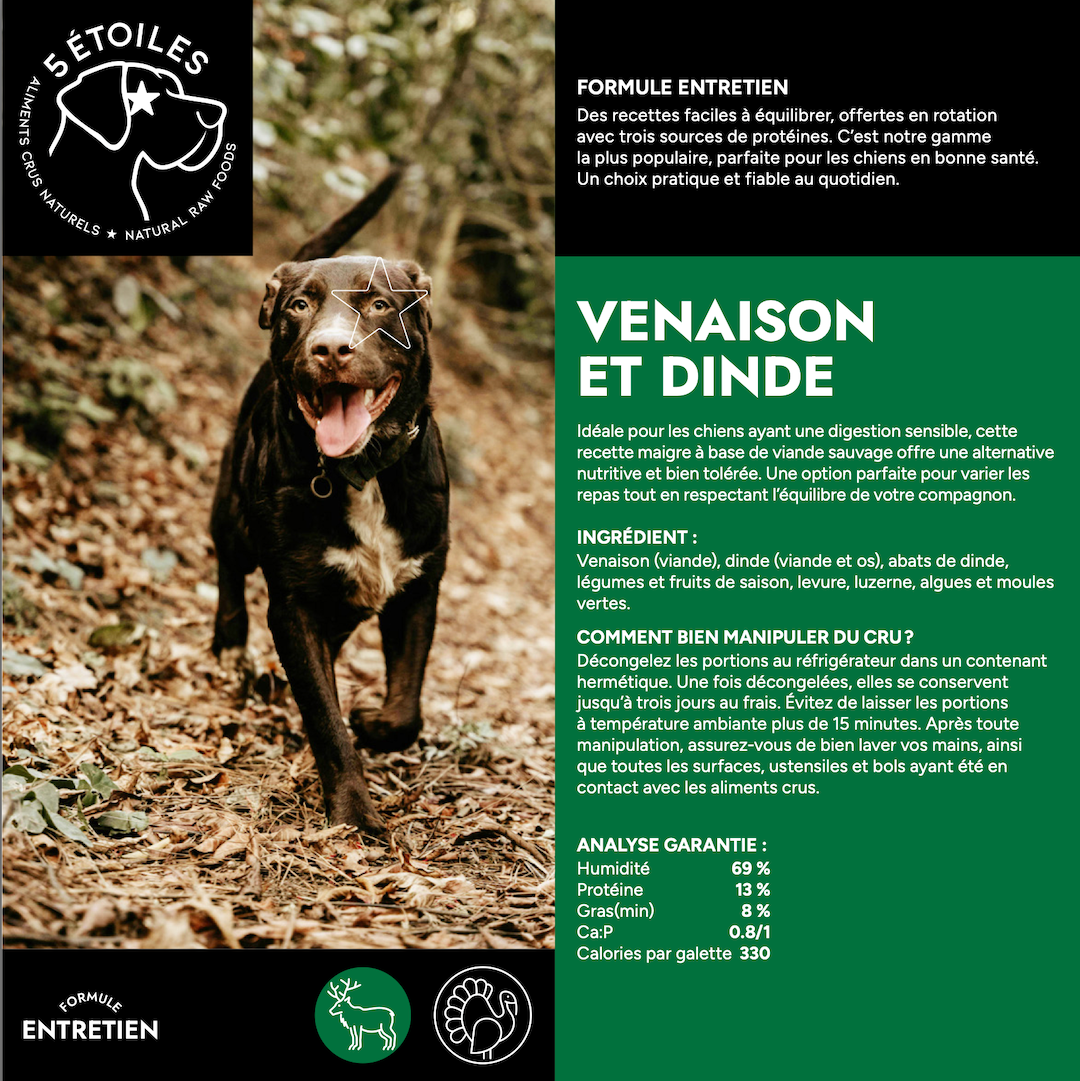 5 ÉTOILES | Formule entretient Venaison et Dinde 10 lbs - Nourriture crue pour chiens