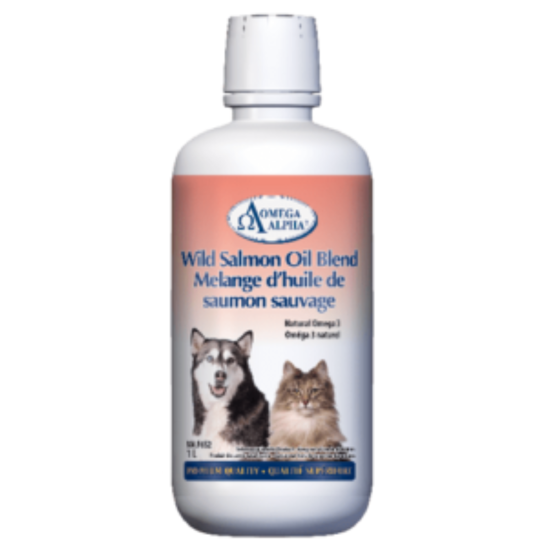 OMEGA ALPHA | Huile de saumon sauvage 1L. Solution Nutrition Animale, votre référence en alimentation pour chiens et chats au Québec.