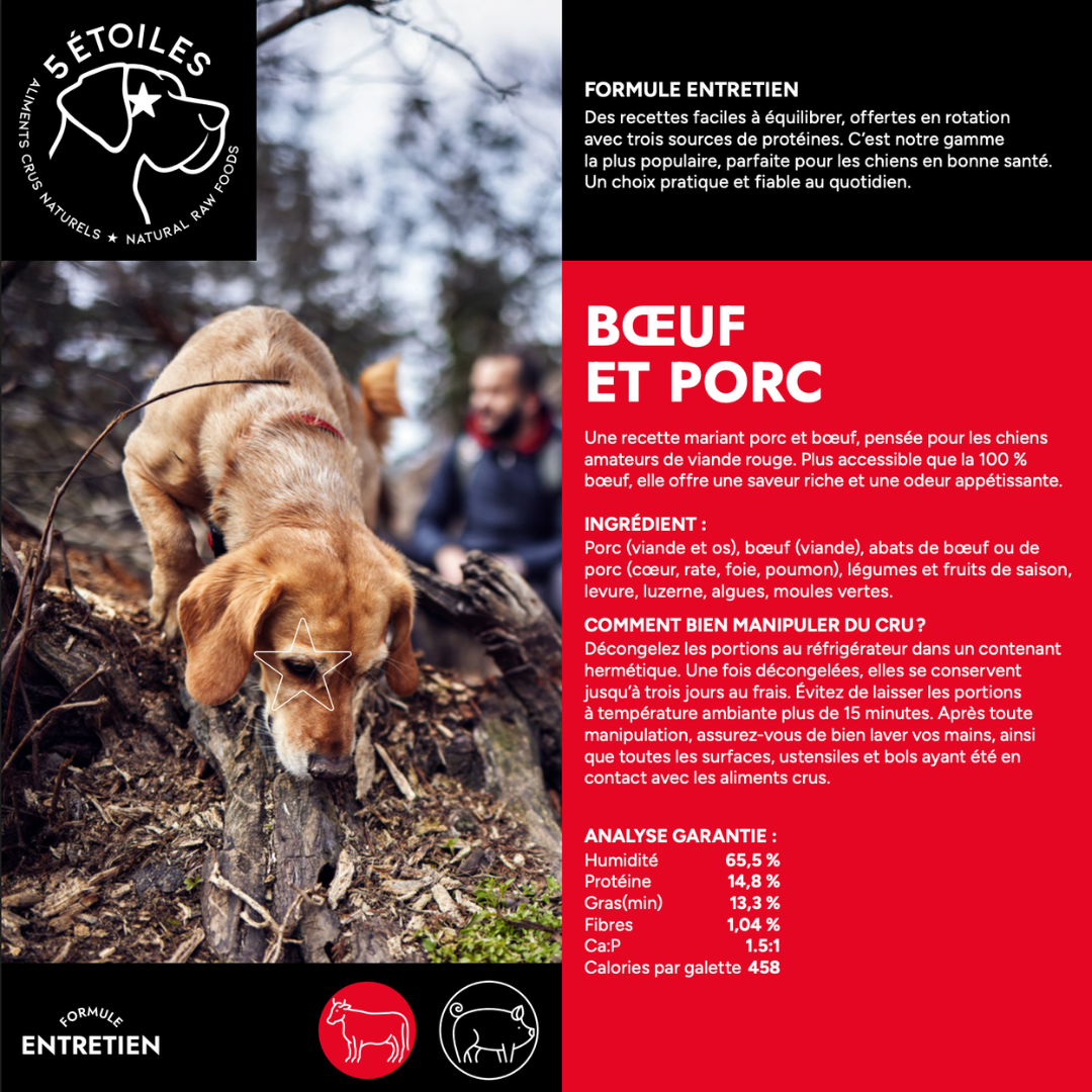 5 ÉTOILES | Entretien Boeuf et Porc 10 lbs - Nourriture crue pour chiens