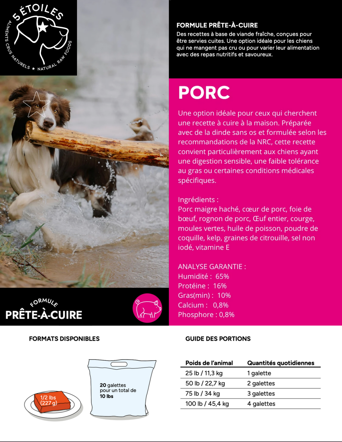 5 ÉTOILES | Prêt-à-cuire Porc 10 lbs - Nourriture crue pour chiens Solution Nutrition Animale Saguenay
