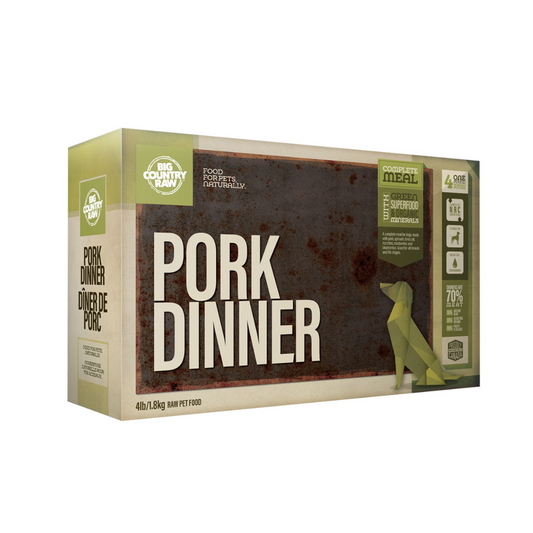 Dîner de porc 4lbs. Solution Nutrition Animale, votre référence en besoin nutritionnel pour chiens et chats au Québec.