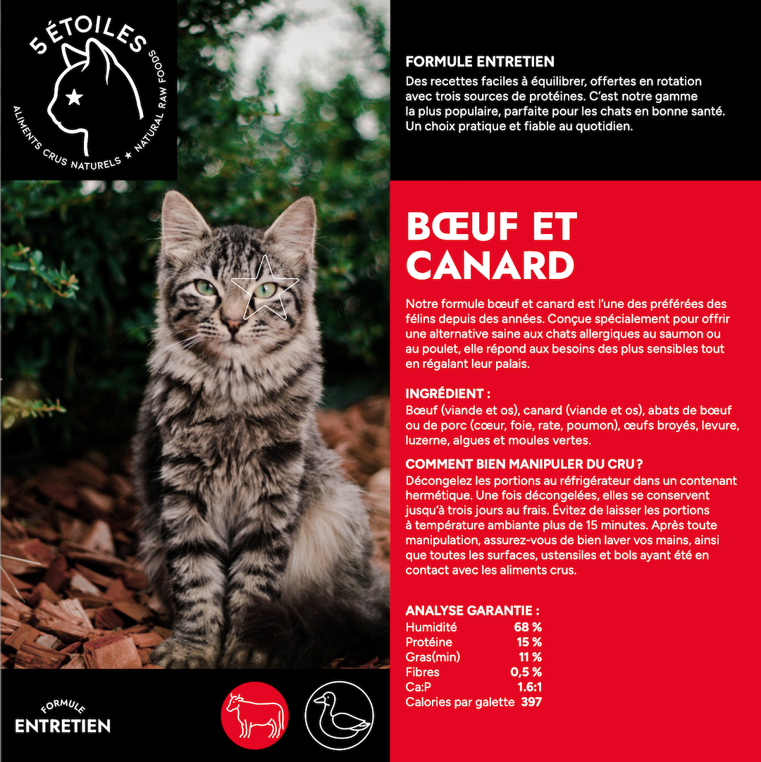5 ÉTOILES | Formule entretient Boeuf et Canard - Nourriture crue pour chats