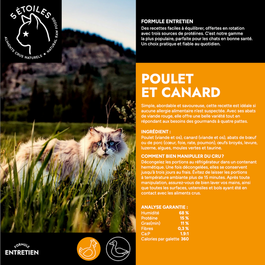5 ÉTOILES | Formule entretient Poulet et Canard - Nourriture crue pour chats