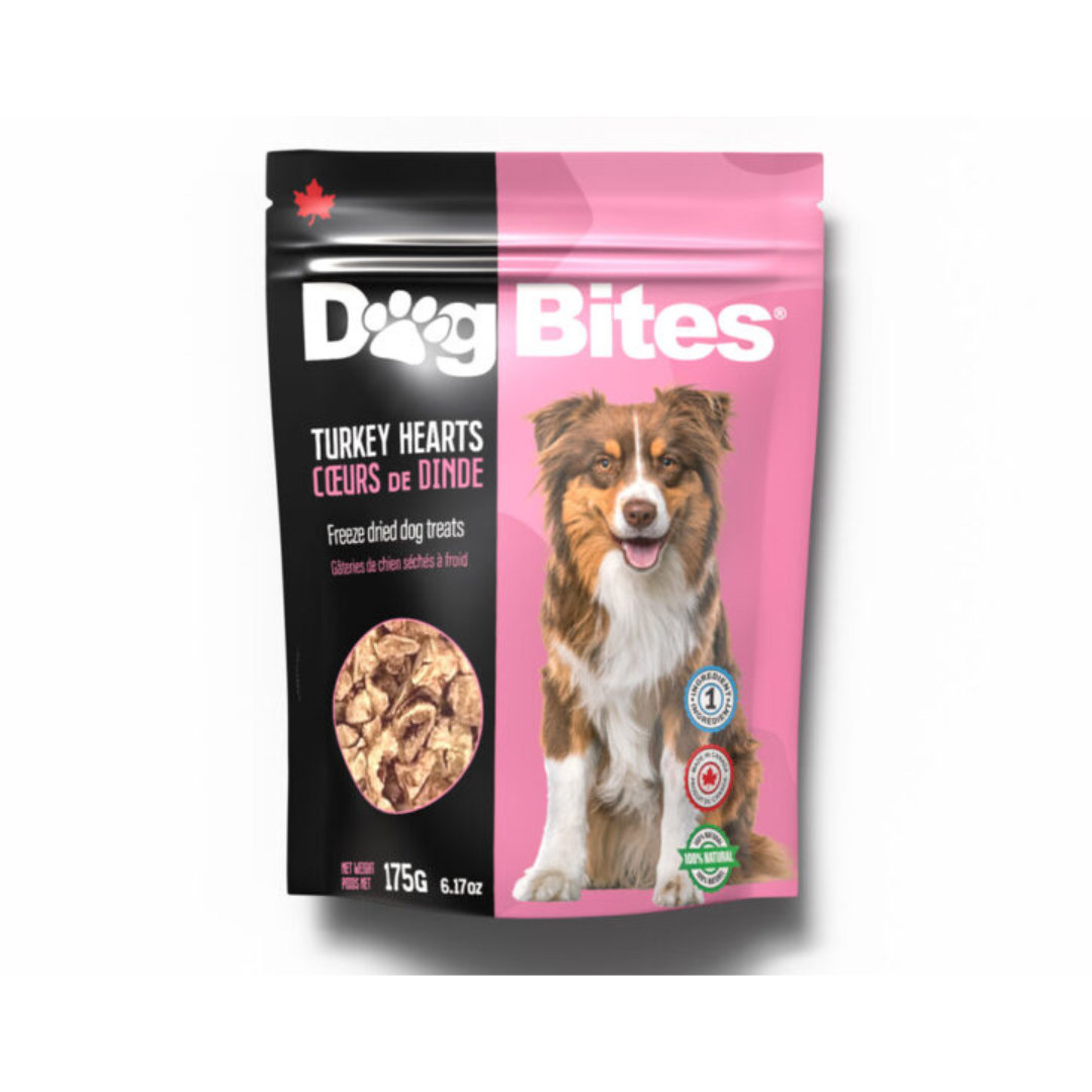 DOG BITES | Coeurs de dindes lyophilisés 175g Solution Nutrition Animale Saguenay