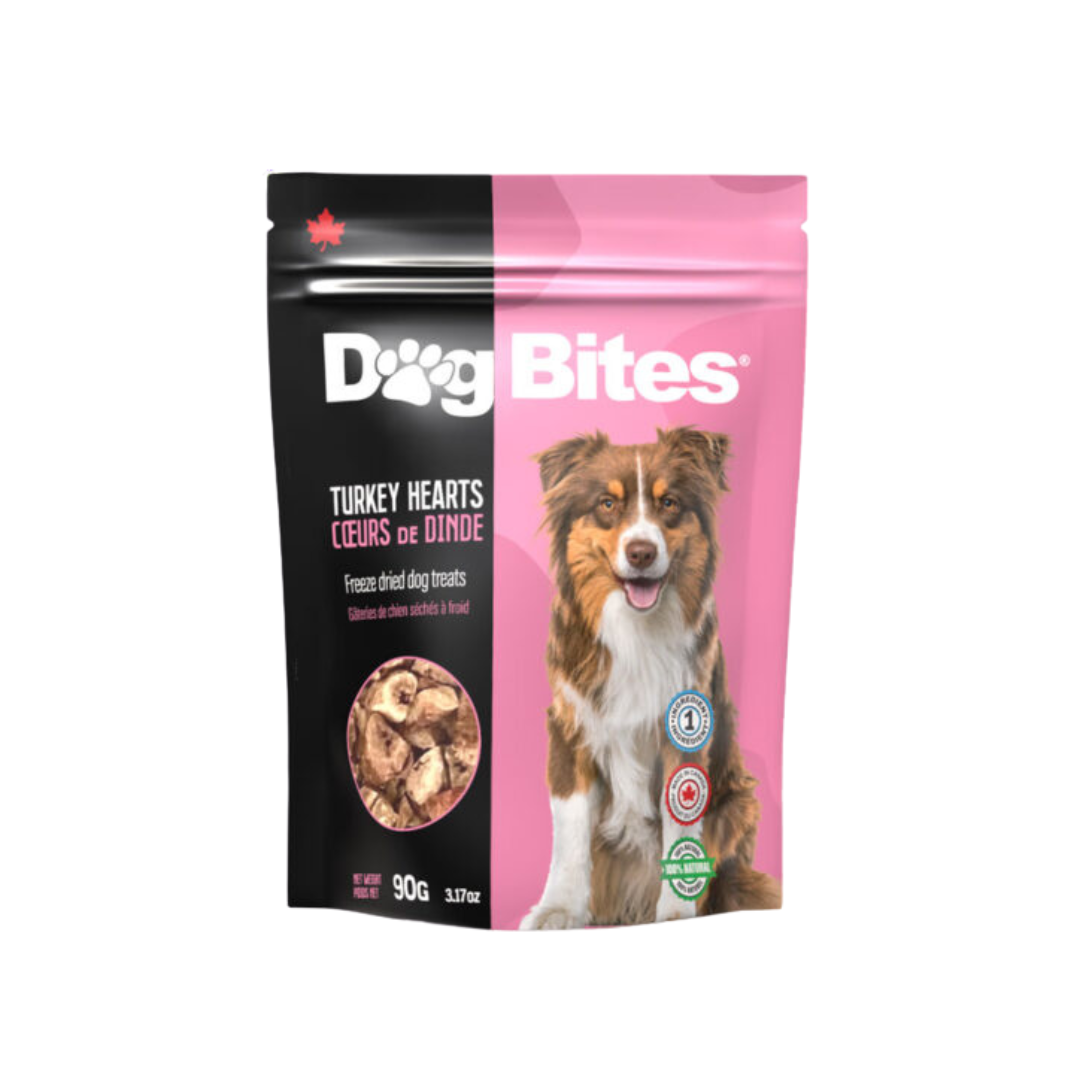 DOG BITES | Coeurs de dindes lyophilisés 90g Solution Nutrition Animale Saguenay