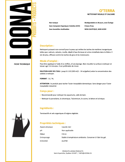 LOONA | O'terra nettoyant rouille et calcaire 1L (concentré) - Entretient de la maison