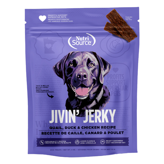 NutriSource jerky caille canard et poulet. Solution Nutrition Animale
