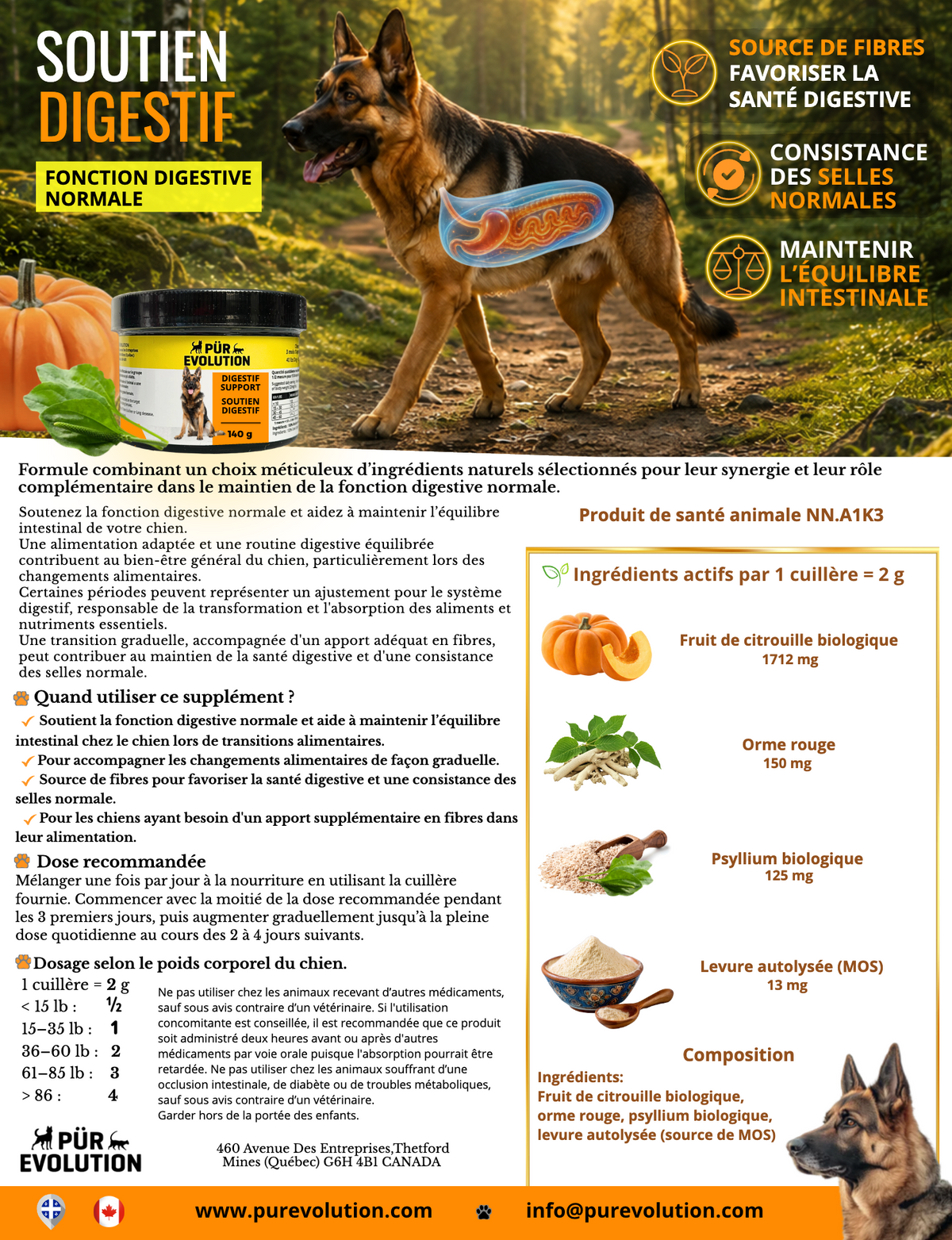 PÜR ÉVOLUTION | Santé immunitaire - supplément chien 140g fiche Solution Nutrition Animale Saguenay
