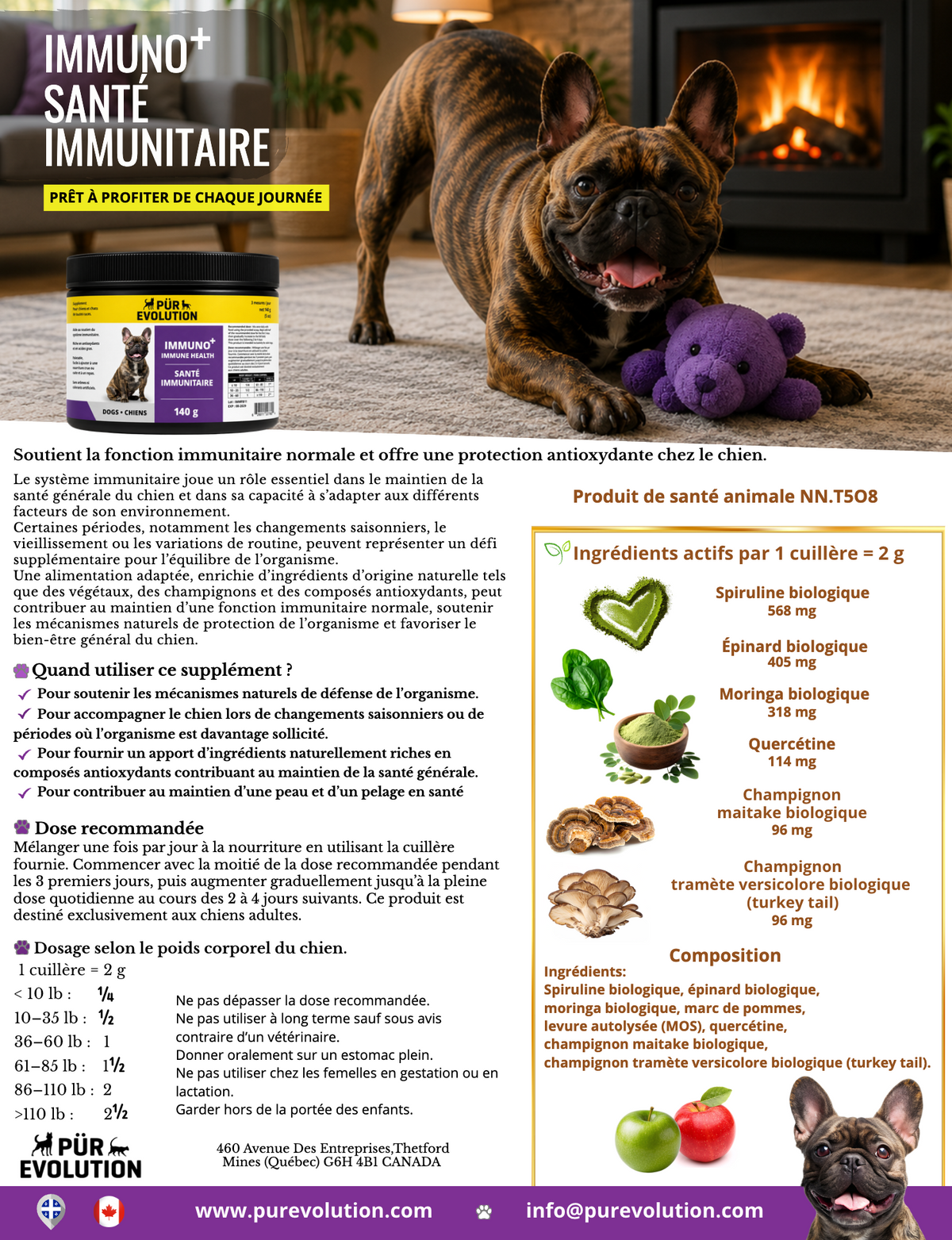 PÜR ÉVOLUTION | Santé immunitaire - supplément chien 140g fiche Solution Nutrition Animale Saguenay