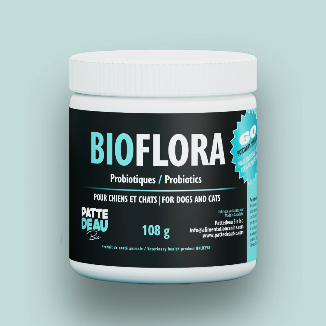 Pattedeau Bio Bioflora, probiotiques pour chien. Solution Nutrition Animale, votre référence en alimentation animale à Québec.