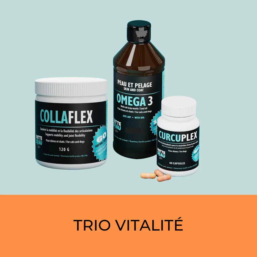 Pattedeau Bio trio anti-vieillissement, vitalité. Solution Nutrition Animale, votre référence en alimentation animale à Québec.