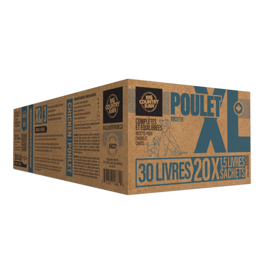 Big Country Raw XL Poulet : nourriture crue complète pour chiens, à base de poulet, équilibrée, digestible et mouture XL.