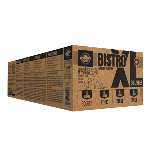Big Country Raw XL Bistro 30 lb : repas crus variés aux 4 protéines, complets et équilibrés pour chiens de tous âges.
