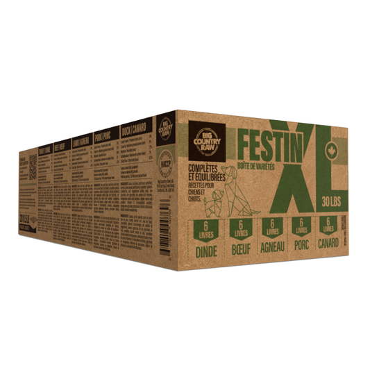 Big Country Raw XL Festin 30 lb : boîte variée de nourriture crue pour chiens avec 5 protéines naturelles, complète et nutritive.