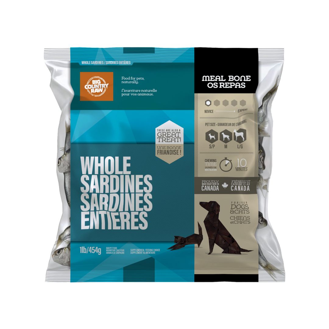 BIG COUNTRY RAW | Sardines 1 lb. Solution Nutrition Animale, votre référence en besoin nutritionnel pour chiens et chats au Saguenay.