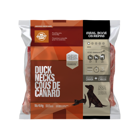 BIG COUNTRY RAW | Cou de canard 1 lb. Solution Nutrition Animale, votre référence en besoin nutritionnel pour chiens et chats au Saguenay.