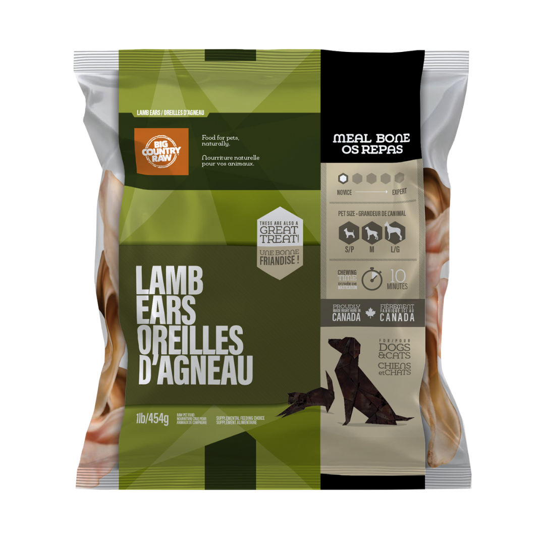 BIG COUNTRY RAW | Oreilles d'agneau 1 lb. Solution Nutrition Animale, votre référence en besoin nutritionnel pour chiens et chats au Saguenay.